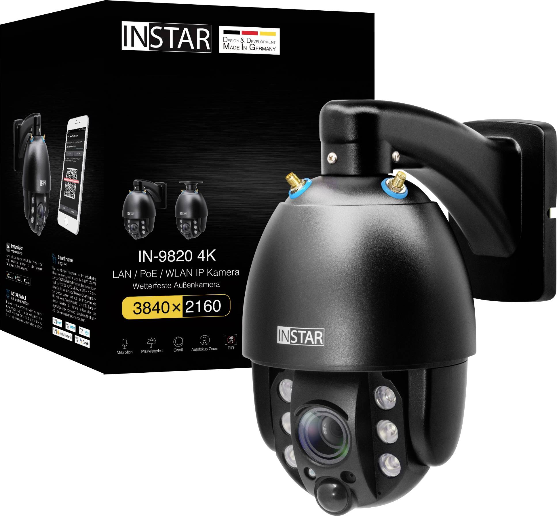 A black IP surveillance camera in front of its packaging. The packaging shows the brand logo and model 'IN-9820 4K', features and resolution.