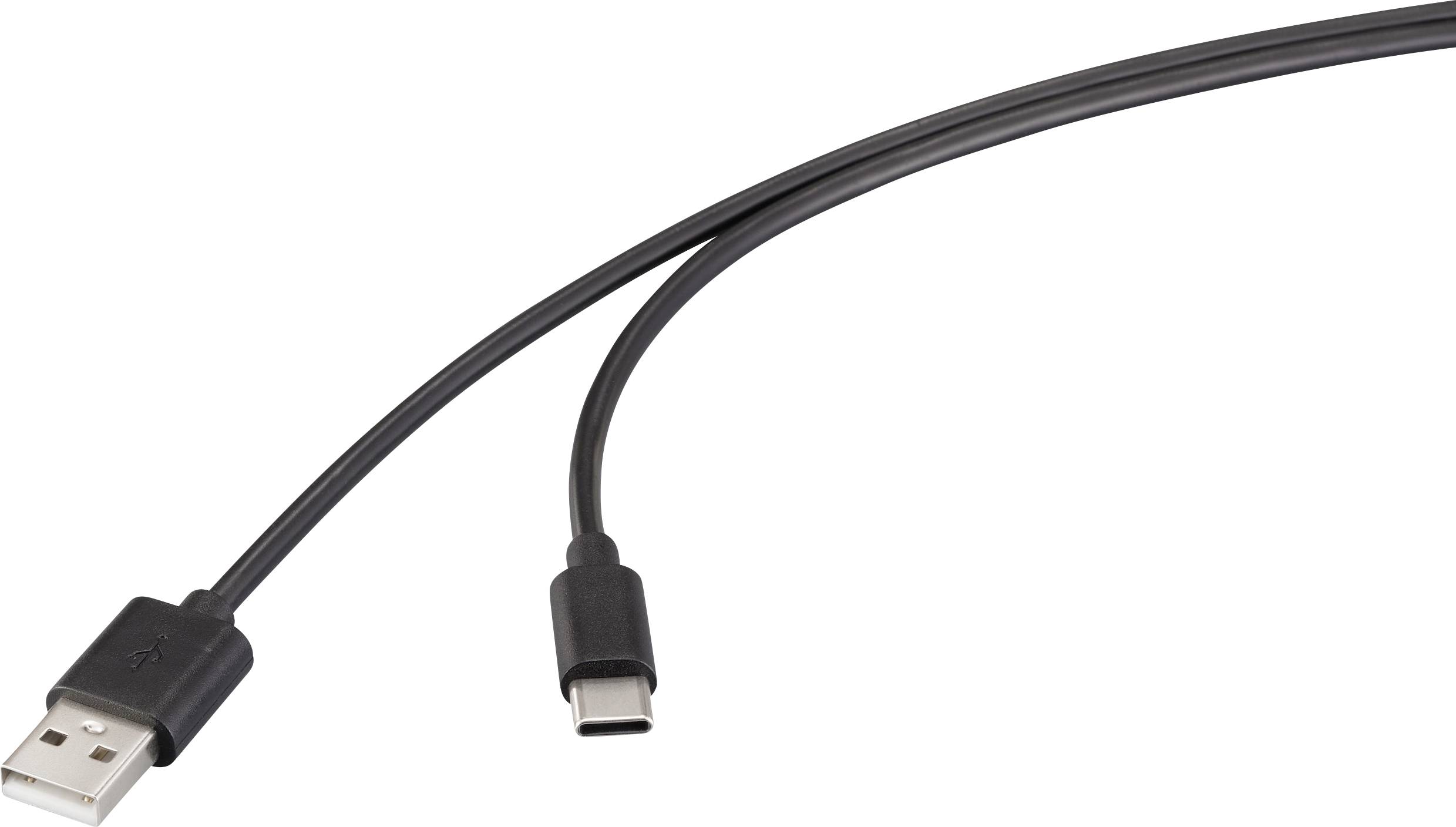 A USB-C to USB-A cable with black connectors and a long flexible cord, showing the common ports used for connecting electronic devices.