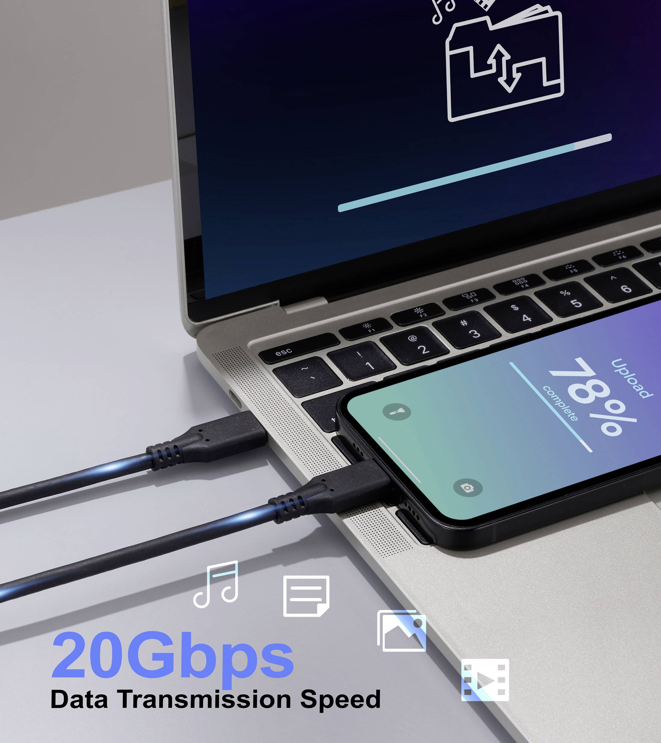 A smartphone is connected to a laptop via a cable showing '20Gbps Data Transmission Speed'. Laptop screen displays a file transfer icon.