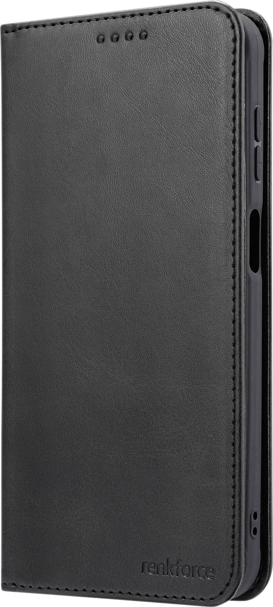 Black telefoonhoesje met magnetische sluiting, merknaam 'Renkforce' staat aan de onderkant. Het heeft een glad, gestikt ontwerp.