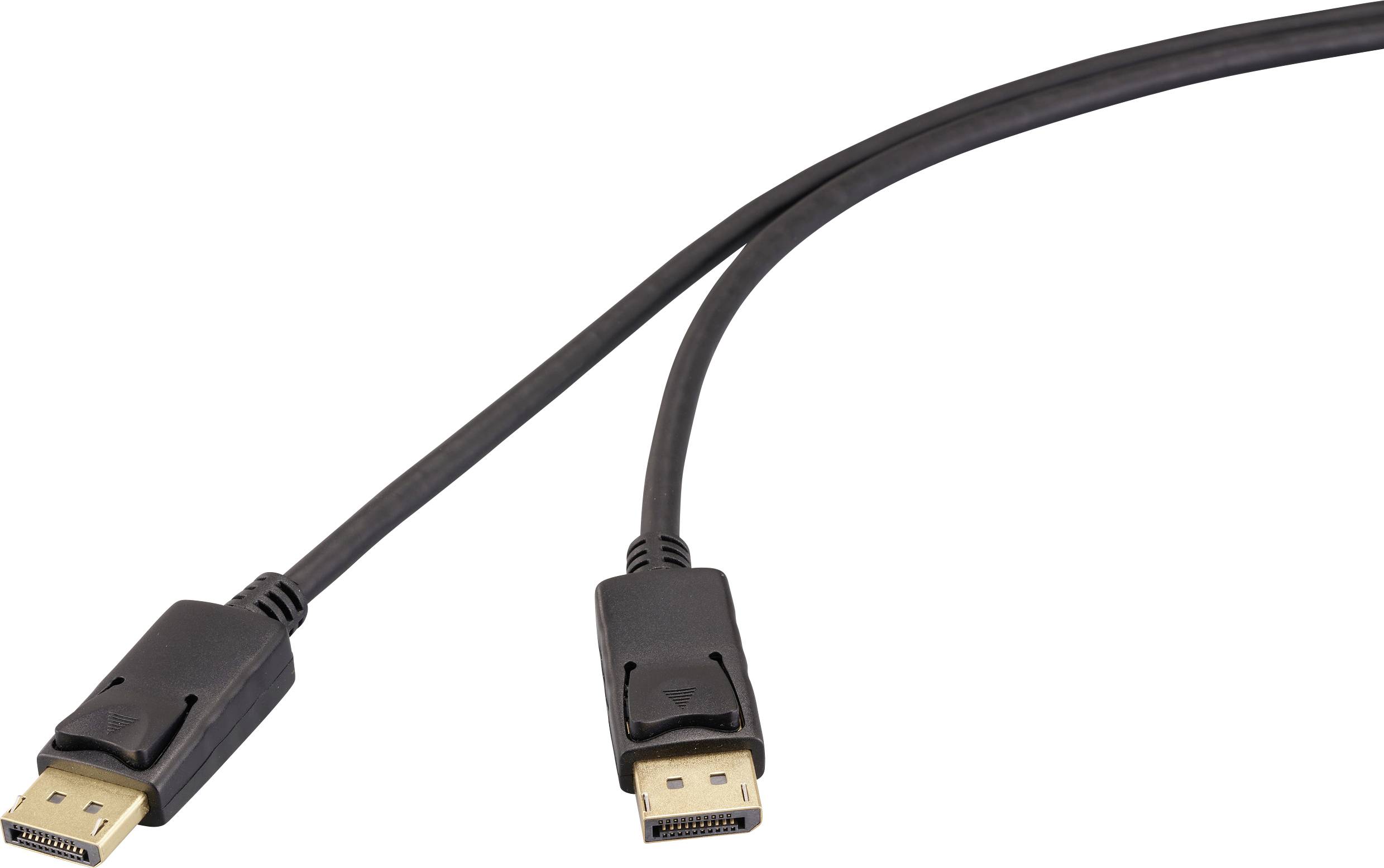 A black DisplayPort cable with two connectors, one at each end, used for connecting monitors to computers or other devices.