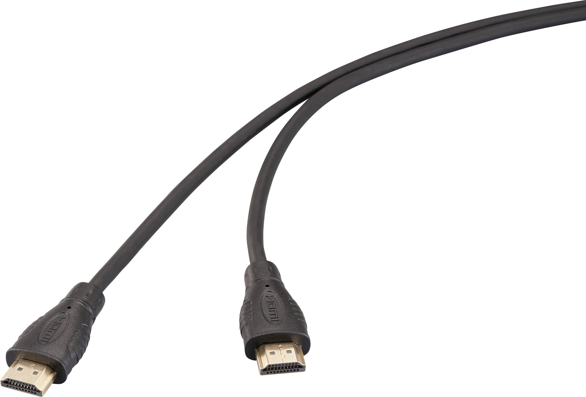 A black HDMI cable with two connectors, used for transmitting audio and video signals between devices.