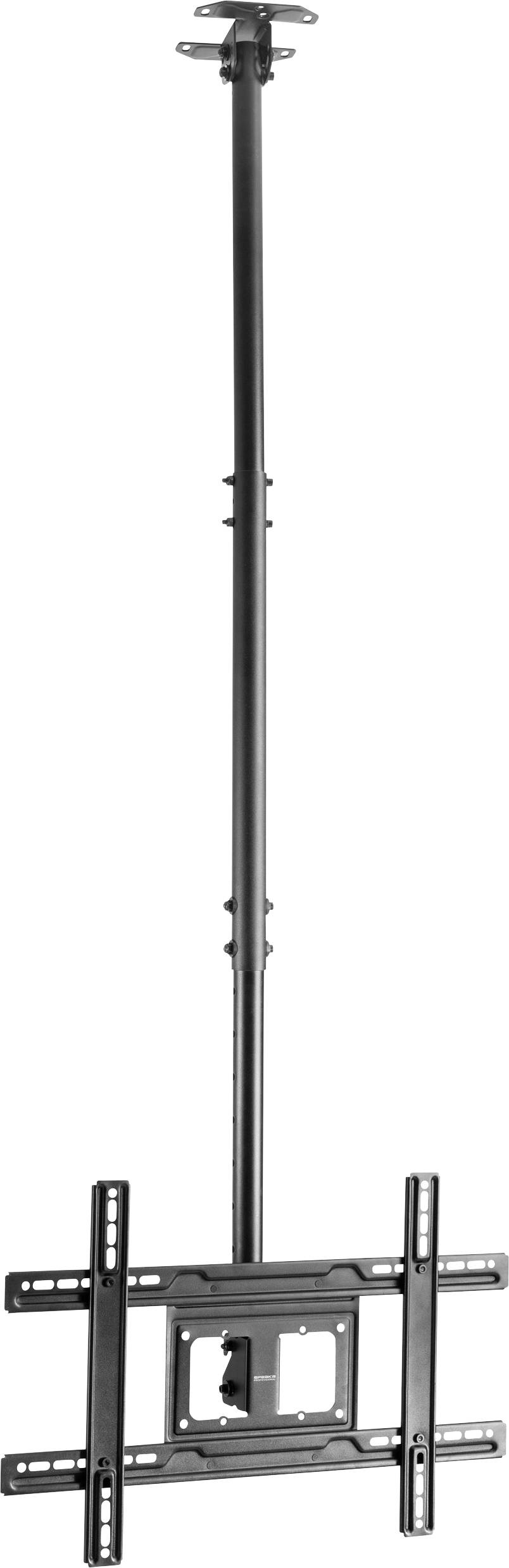 A black TV ceiling mount with an adjustable pole is shown, designed to hold a flat-screen television.