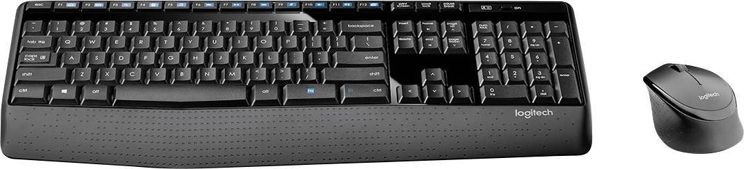 A black wireless keyboard and mouse set. The keyboard features multimedia keys, and both items have textured surfaces with the brand logo.