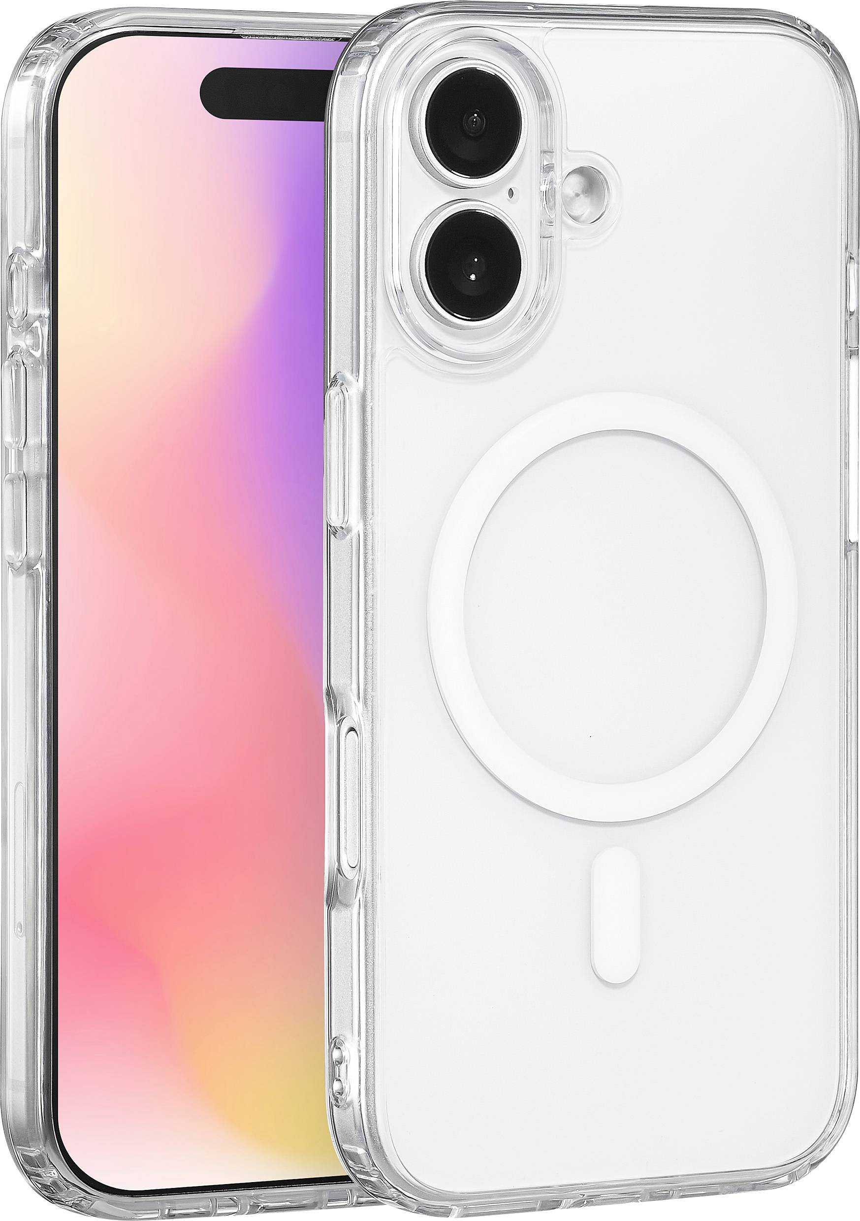 A clear smartphone case with MagSafe ring, showing dual rear camera system, placed against a phone with a colorful gradient screen.