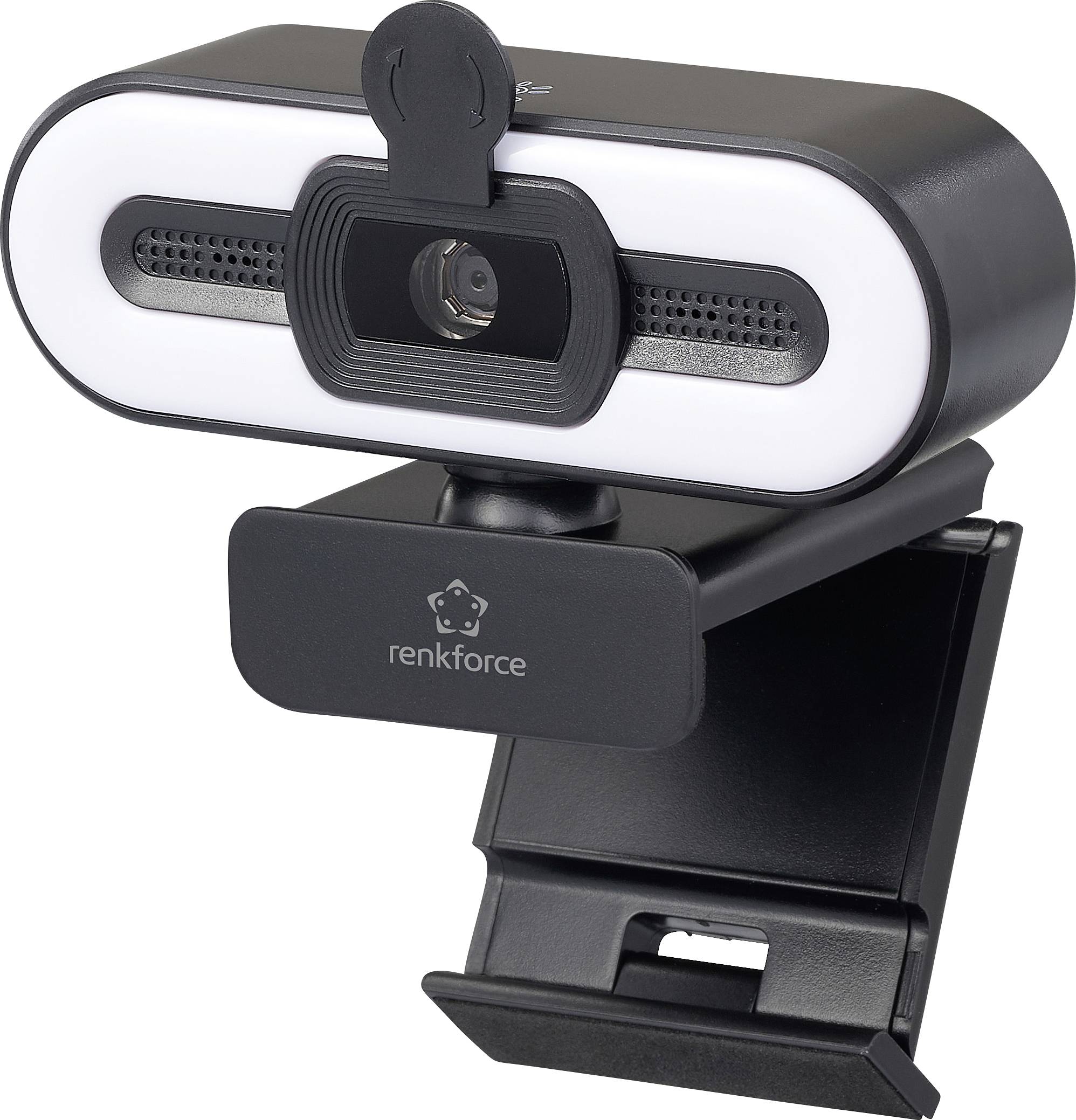 A black and white adjustable webcam with an integrated ring light, mounted on a clip designed for attachment to a computer monitor.