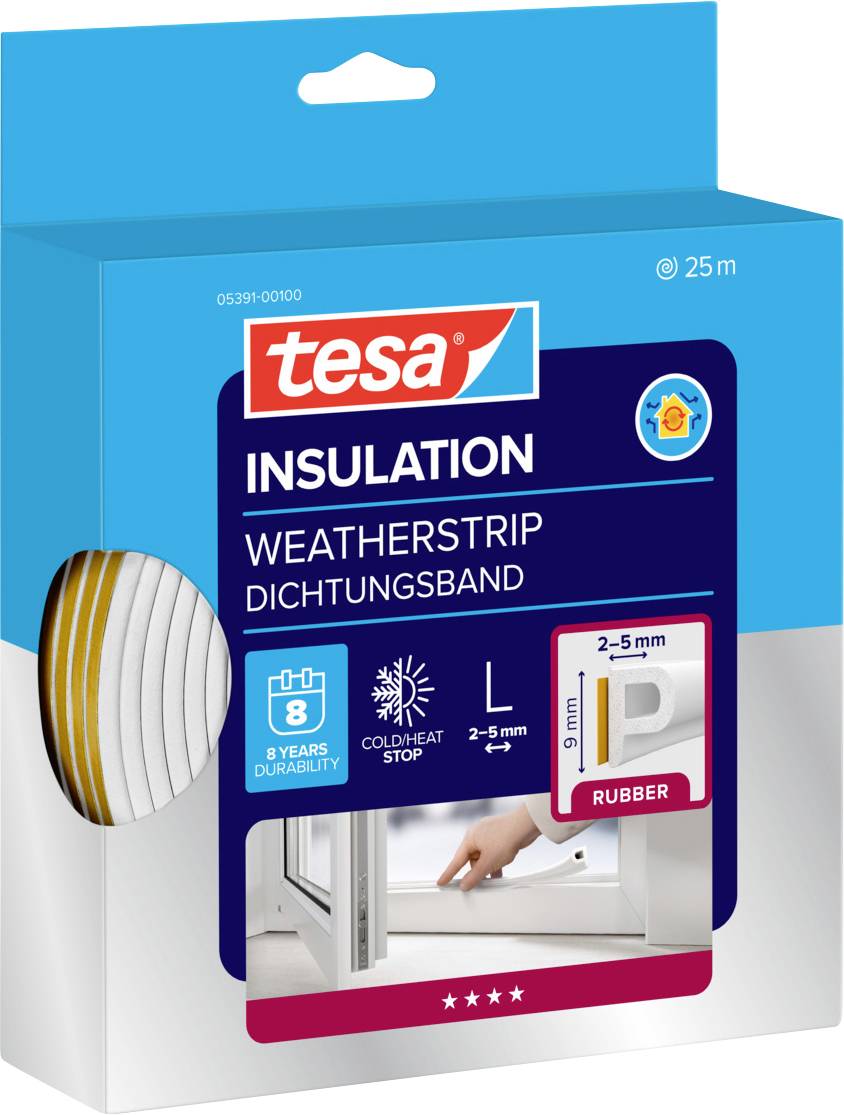 Packaging of Tesa insulation weatherstrip, indicating a 25m roll, made of rubber, for 2-5mm gaps. Shows installation near a window.