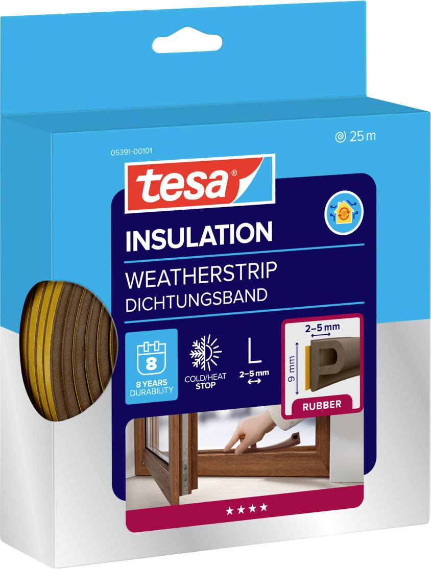 Product packaging for Tesa Insulation Weatherstrip. Highlights: durable for 8 years, cold/heat stop, thickness 2-5mm, 25m roll.