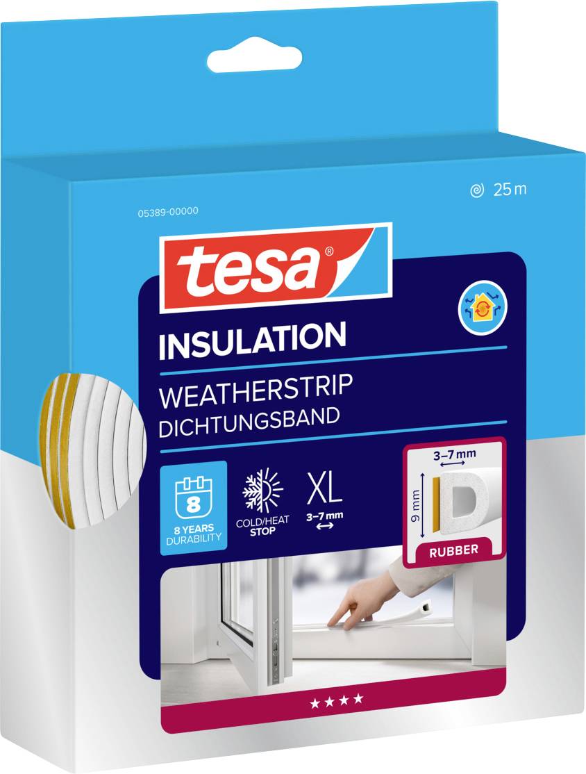 Package for Tesa insulation weatherstrip. Features: XL size, 3-7mm, rubber material. Highlights cold heat stop, 8-year durability.