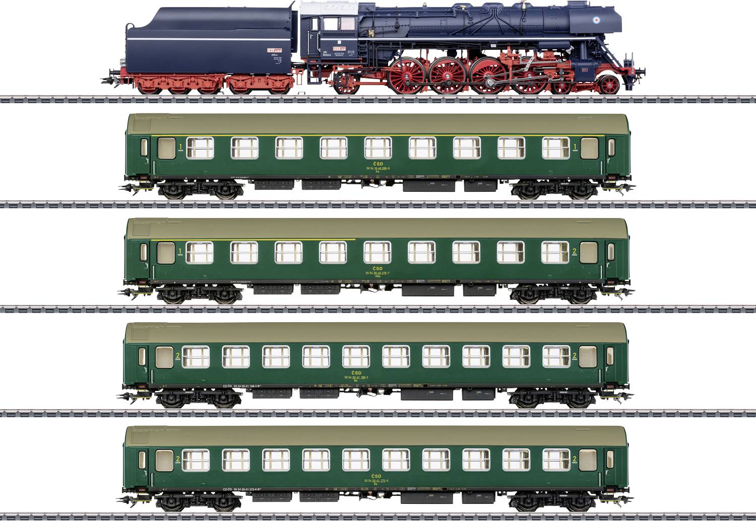 A model train consisting of a blue steam locomotive and four green passenger carriages, pictured from the side.