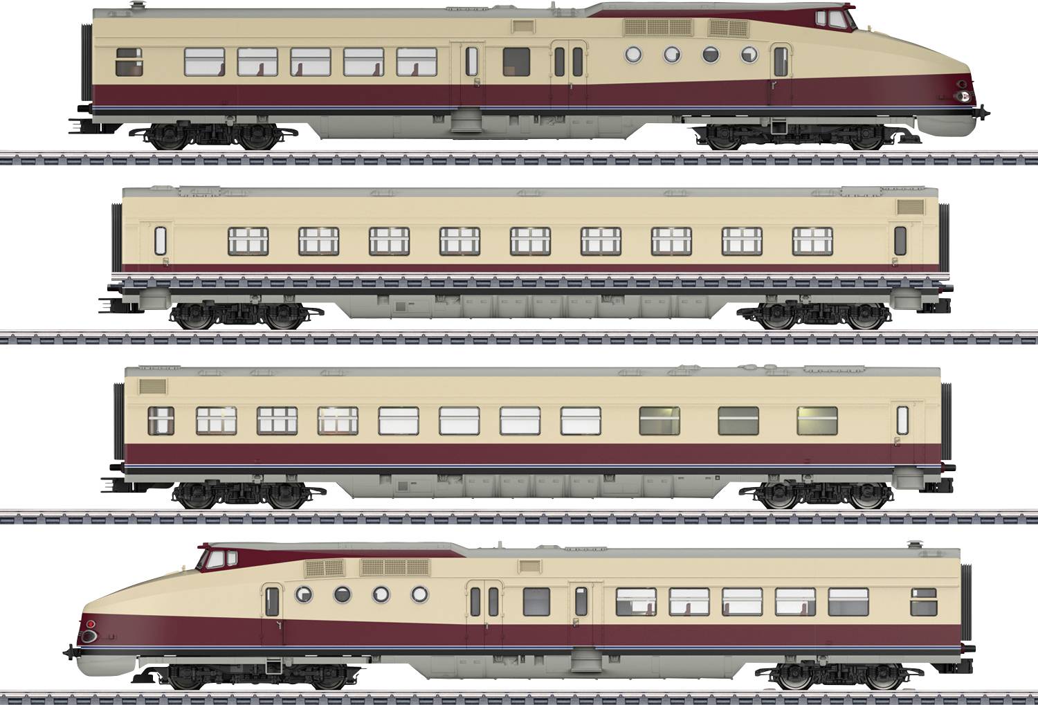 Four-part model train in beige and red, consisting of a powered unit, two passenger carriages and a driving trailer, on railway tracks.