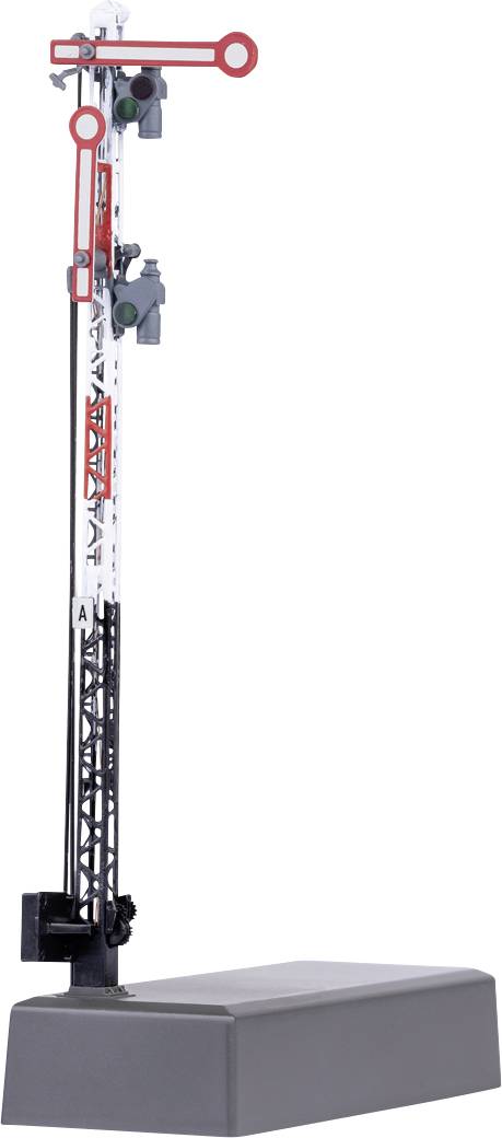 A toy model of a railway signal with red and white semaphore arms, mounted on a grey base.