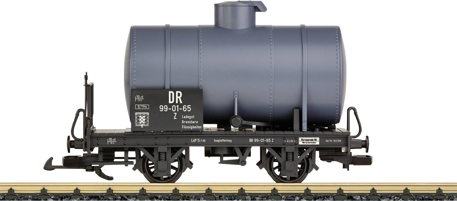 Railway tank wagon in dark grey on a track, marked with DR 99-01-65, used for transporting liquids.