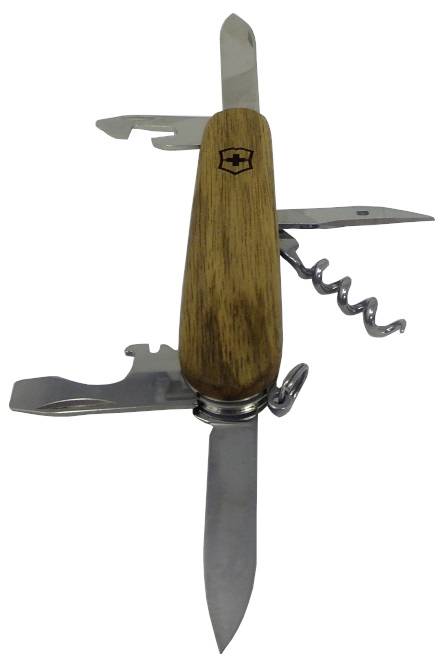 A wooden-handled multi-tool with an extended knife, corkscrew, bottle opener, and screwdriver.