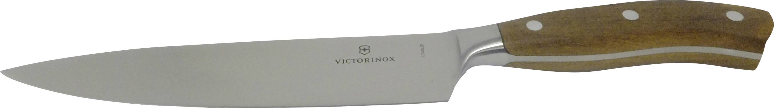 'A chef's knife with a stainless steel blade and a wooden handle, featuring three rivets, suitable for cutting and slicing tasks in the kitchen.'