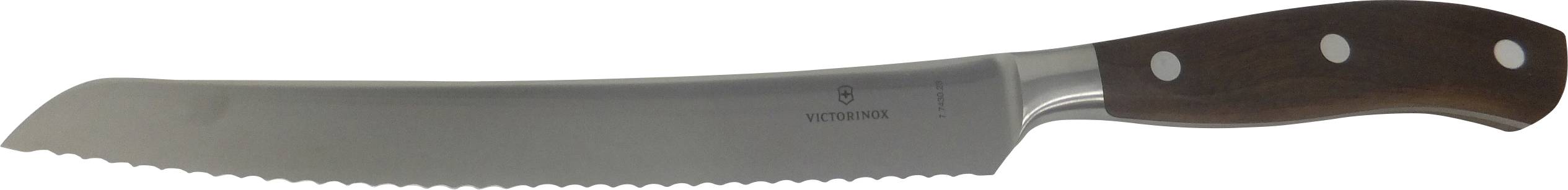 A serrated knife with a wooden handle, suitable for slicing bread or similar items.