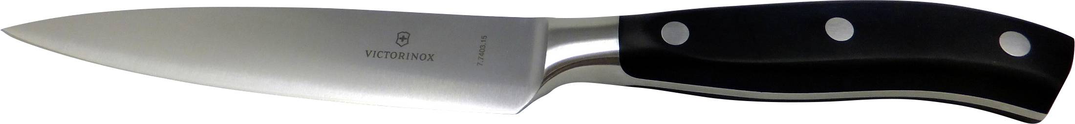 A stainless steel kitchen chef's knife with a black handle and three rivets, showcasing a sharp blade designed for cutting and slicing.