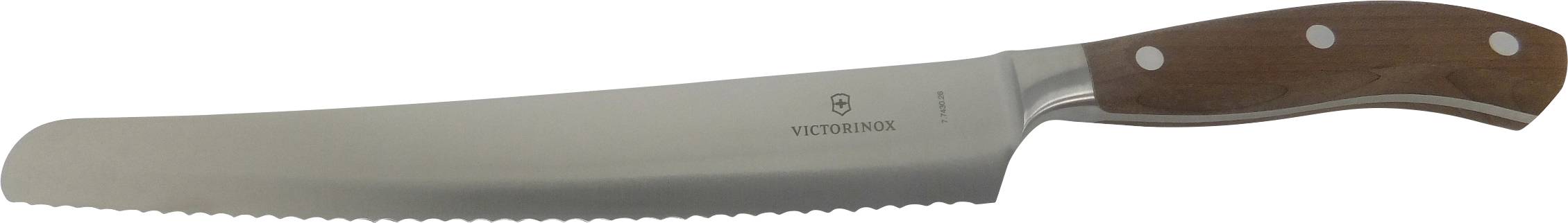A serrated bread knife with a wooden handle, featuring a stainless steel blade.