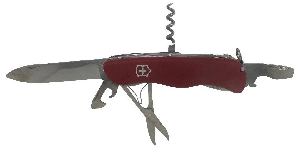 A multi-tool pocket knife with a red handle, featuring a main blade, scissors, corkscrew, can opener, and other tools folded out.