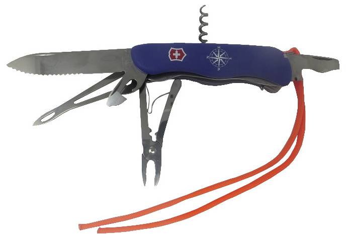 A multi-tool knife with a blue handle features a serrated blade, scissors, and a corkscrew. Orange lanyard attached to the handle.