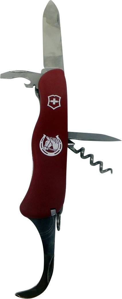 A red Swiss Army knife with multiple tools extended, including a large blade, corkscrew, bottle opener, and smaller blade.