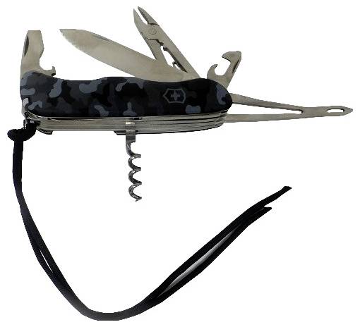 A multifunctional pocket knife with a camouflage handle, featuring scissors, knife blade, bottle opener, can opener, and corkscrew.