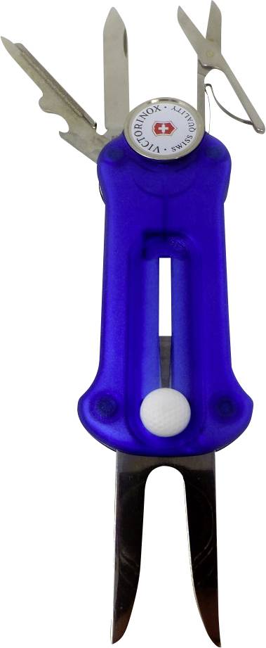 A blue multi-tool with a fork, knife, scissors, and bottle opener extended, used for outdoor or camping purposes.