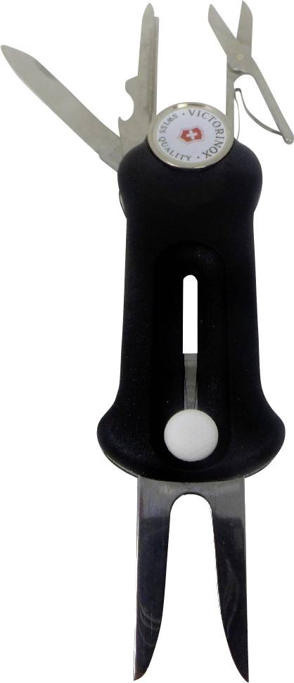 A small black multi-tool with scissors, a knife blade, and a bottle opener, featuring a logo on the side.