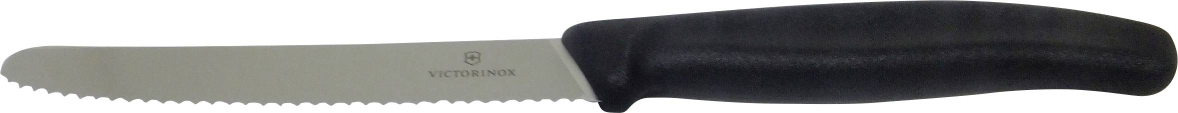 A serrated steak knife with a black handle is shown, suitable for cutting meat.
