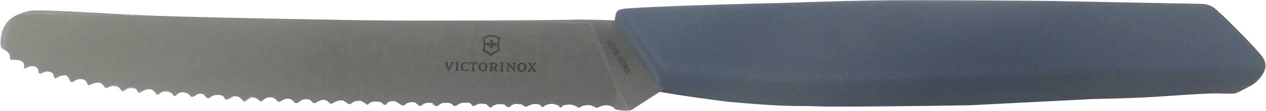 A gray serrated knife with a blue handle, positioned horizontally, showing the blade's edge and manufacturer's logo.