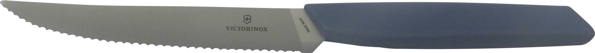A serrated knife with a blue handle and the brand logo visible on the blade.