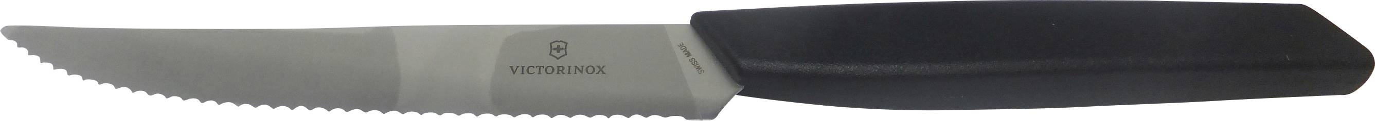 A serrated knife featuring a sharp stainless steel blade and a black ergonomic handle designed for efficient cutting.