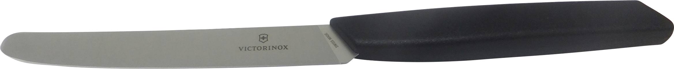 A butter spreader knife with a curved blade and a black handle, designed for spreading butter or soft spreads easily.
