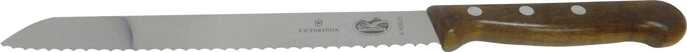 A serrated bread knife with a wooden handle, featuring three rivets.