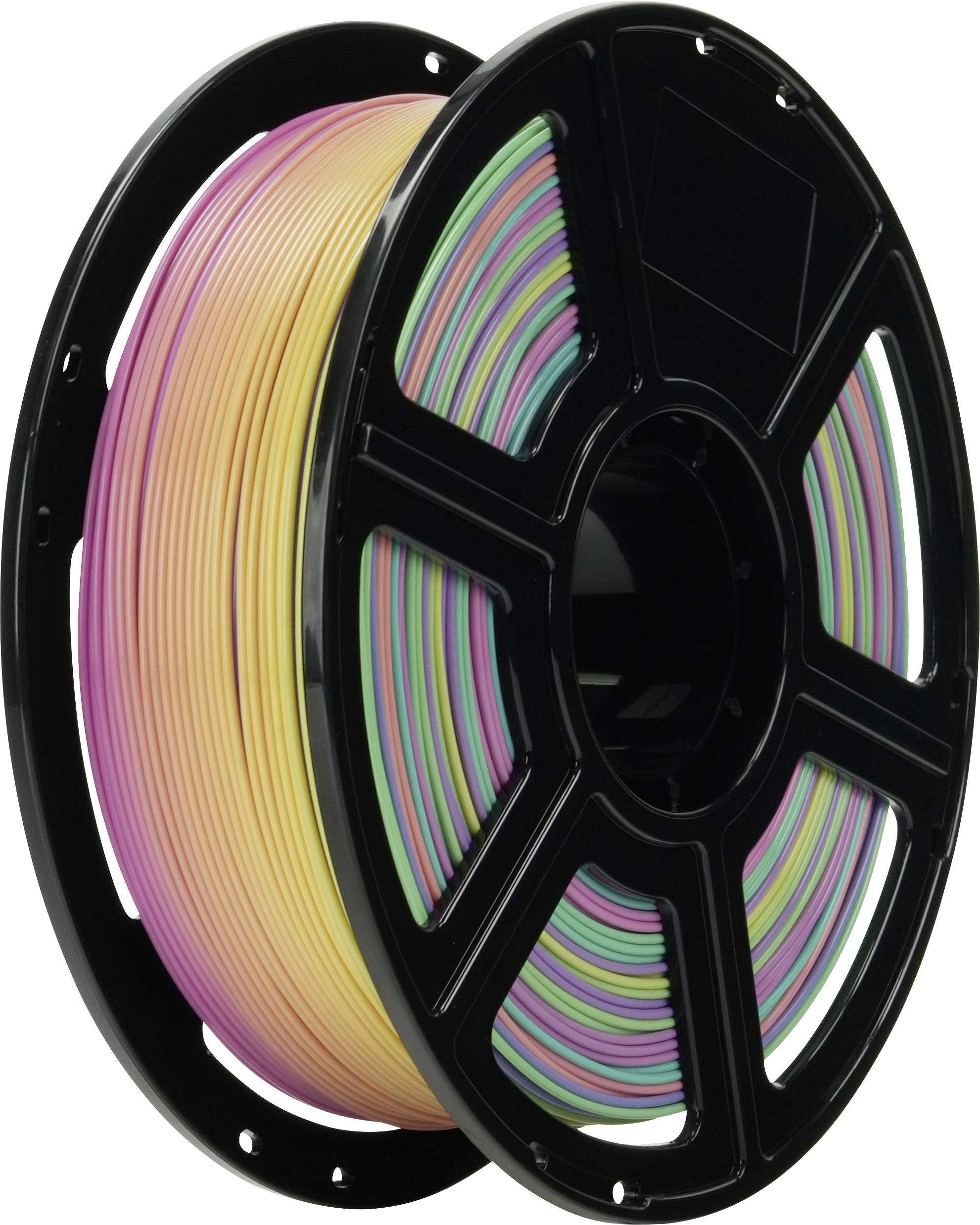 A spool of multicolored 3D printing filament featuring shades of orange, yellow, green, and purple, used for creating 3D printed objects.