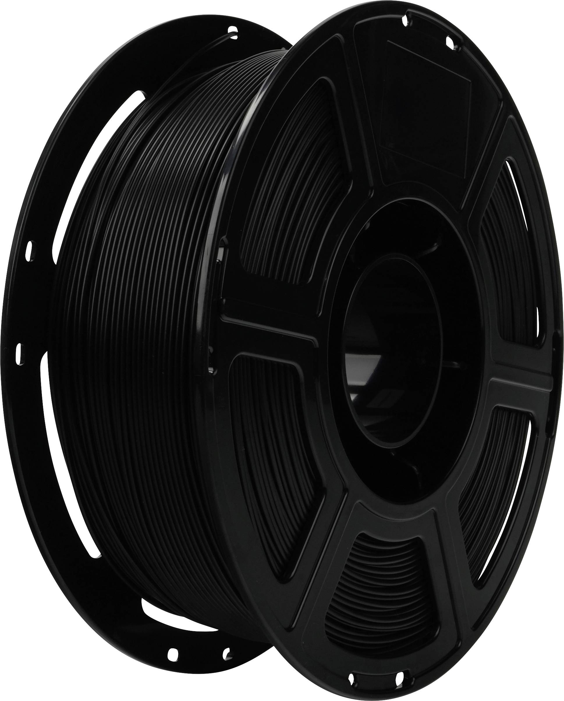 A spool of black filament for 3D printing, coiled tightly on a round reel, suitable for creating detailed printed objects.