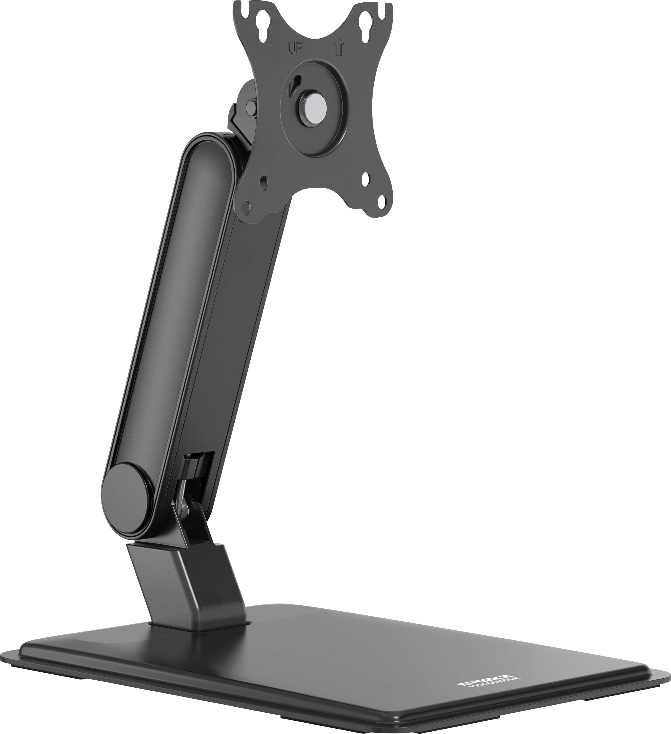A black adjustable monitor stand with a mount for attaching a screen, designed to hold and elevate monitors at various angles.