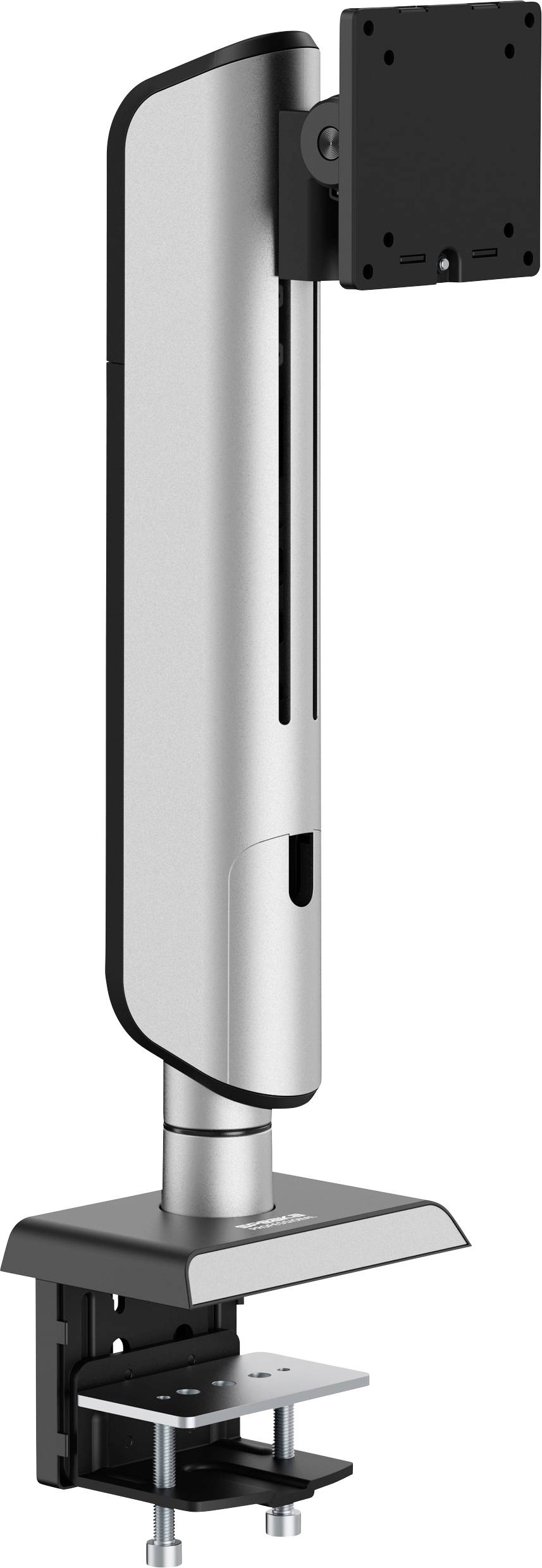 A silver and black adjustable monitor stand with a clamp for desk attachment, designed for mounting a computer screen.