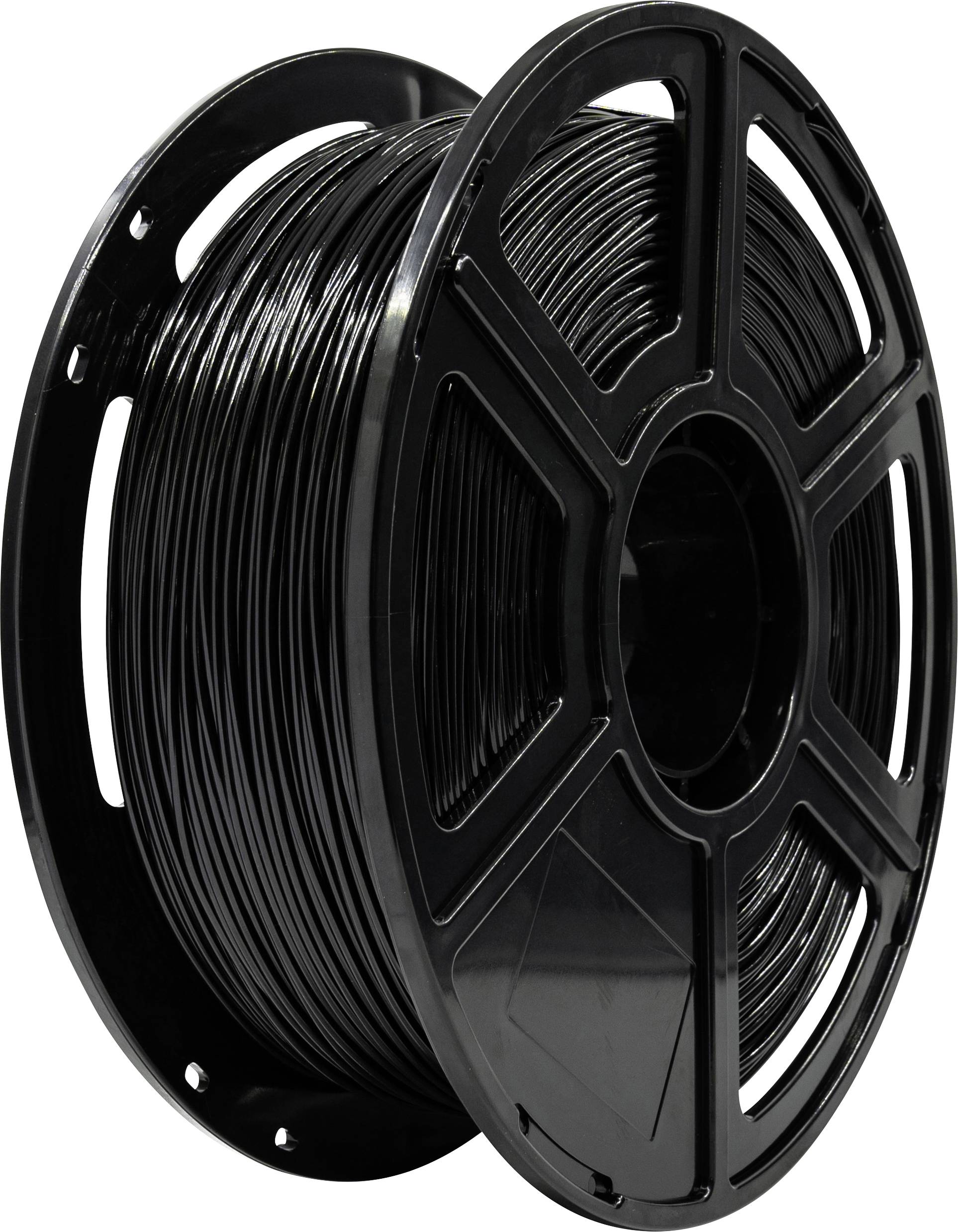 A black spool of 3D printer filament is shown, wound neatly on a plastic reel.