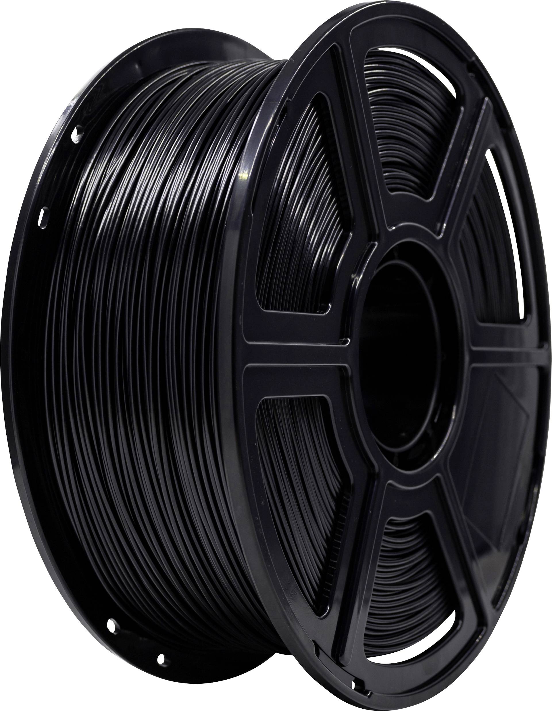A spool of black 3D printing filament, coiled neatly on a cylindrical reel, used for feeding material into a 3D printer.