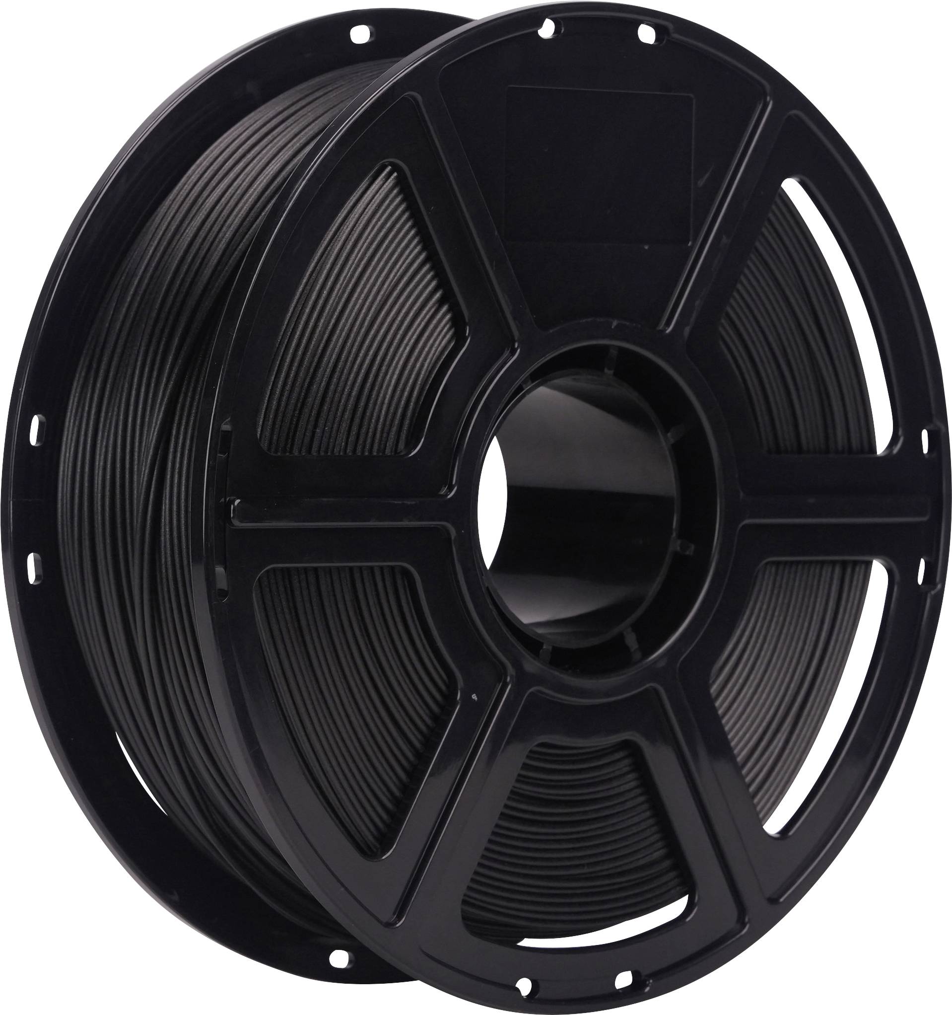 A spool of black filament used for 3D printing, with a circular design and multiple compartments displaying wound filament around the core.