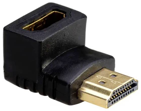 A black, L-shaped HDMI angle adapter with a gold-colored connector, enables easier cable connections in tight spaces.