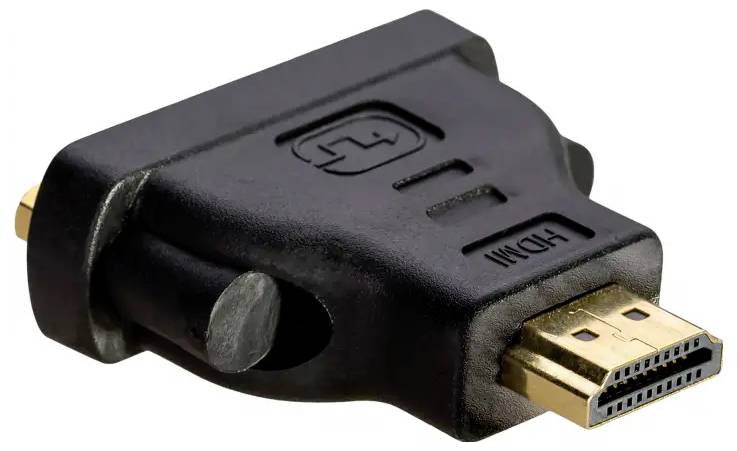 Black HDMI-to-DVI adapter with gold-plated connectors, used to connect HDMI-compatible devices to DVI ports.