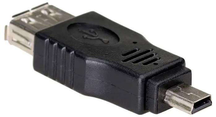 A black USB adapter with a Mini-USB connector on one side and a USB-A female port on the other side.
