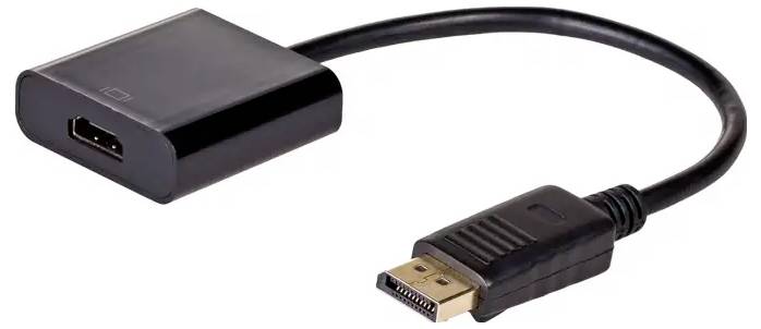 HDMI to DisplayPort adapter cable, black. Suitable for connecting an HDMI device to a DisplayPort monitor or projector.