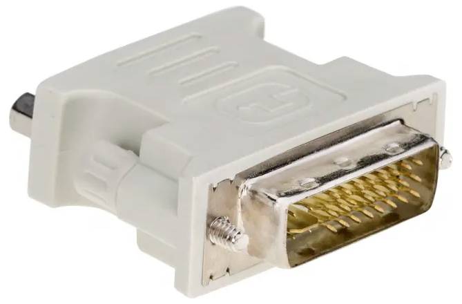 A DVI adapter with a metallic connection side and a white plastic housing, suitable for connecting cables.