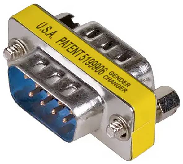 Metal adapter with yellow stripe, inscription 'U.S.A. Patent 5199906, Gender Changer'. Connects DB-9 plug and socket.