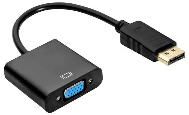 Black adapter cable with DisplayPort connector and VGA socket for connecting modern devices to older monitors.