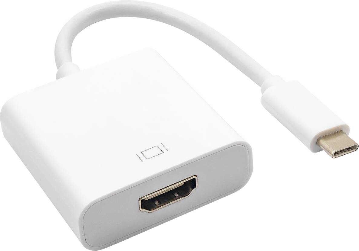 A white USB-C to HDMI adapter with short cable, suitable for connecting USB-C devices to an HDMI display.