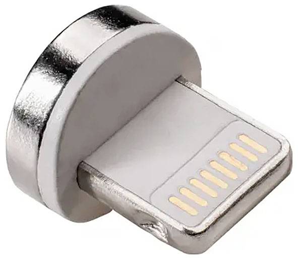A silver magnetic charging adapter for electronic devices, cylindrical with gold-colored contacts.
